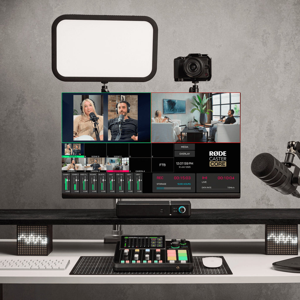 Rode RodeCaster Video Core multiview controller with touchscreen display, used for video editing and production.