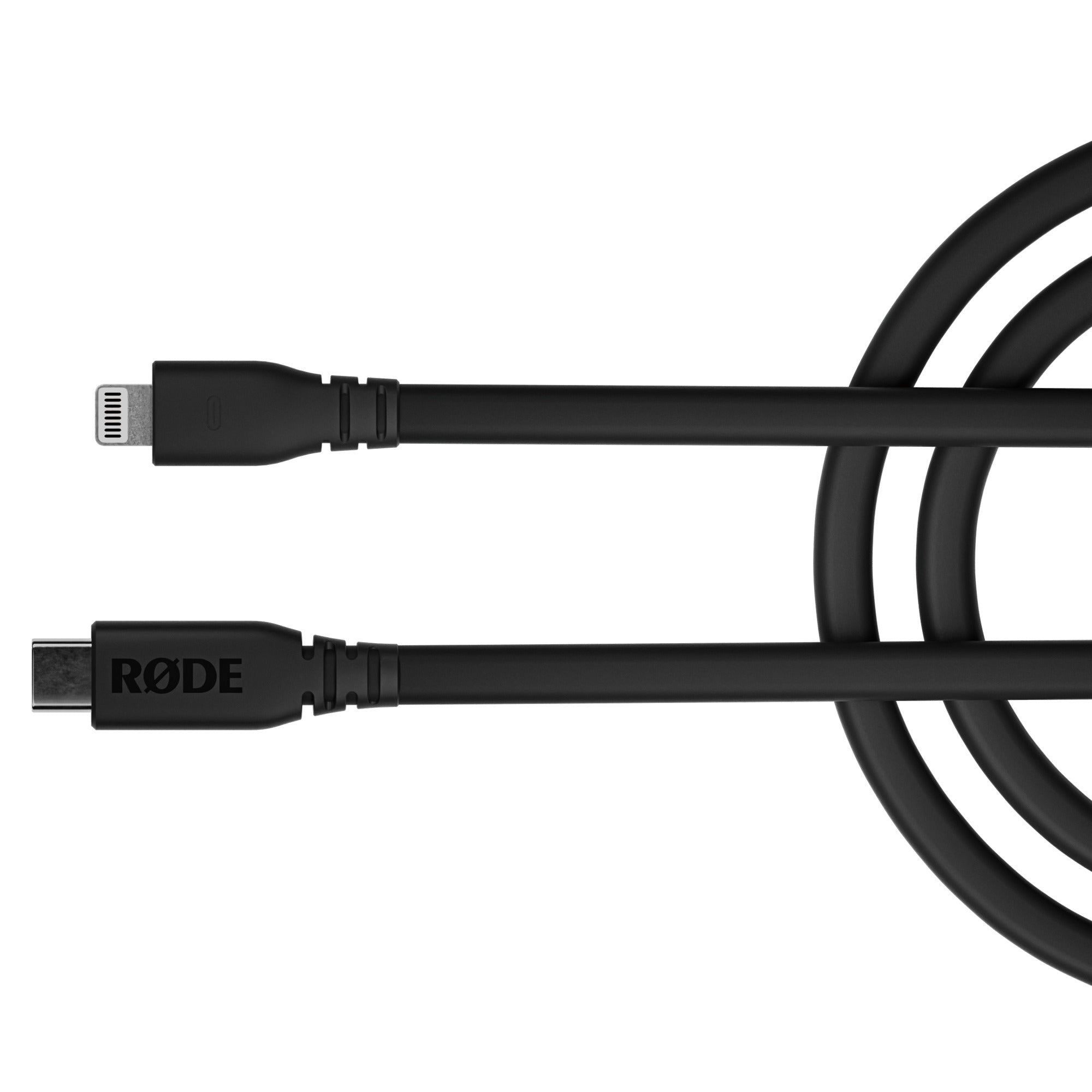 Rode SC19 USB-C to Lightning cable coiled, 1.5 meters, black, lightweight design for charging and data transfer.