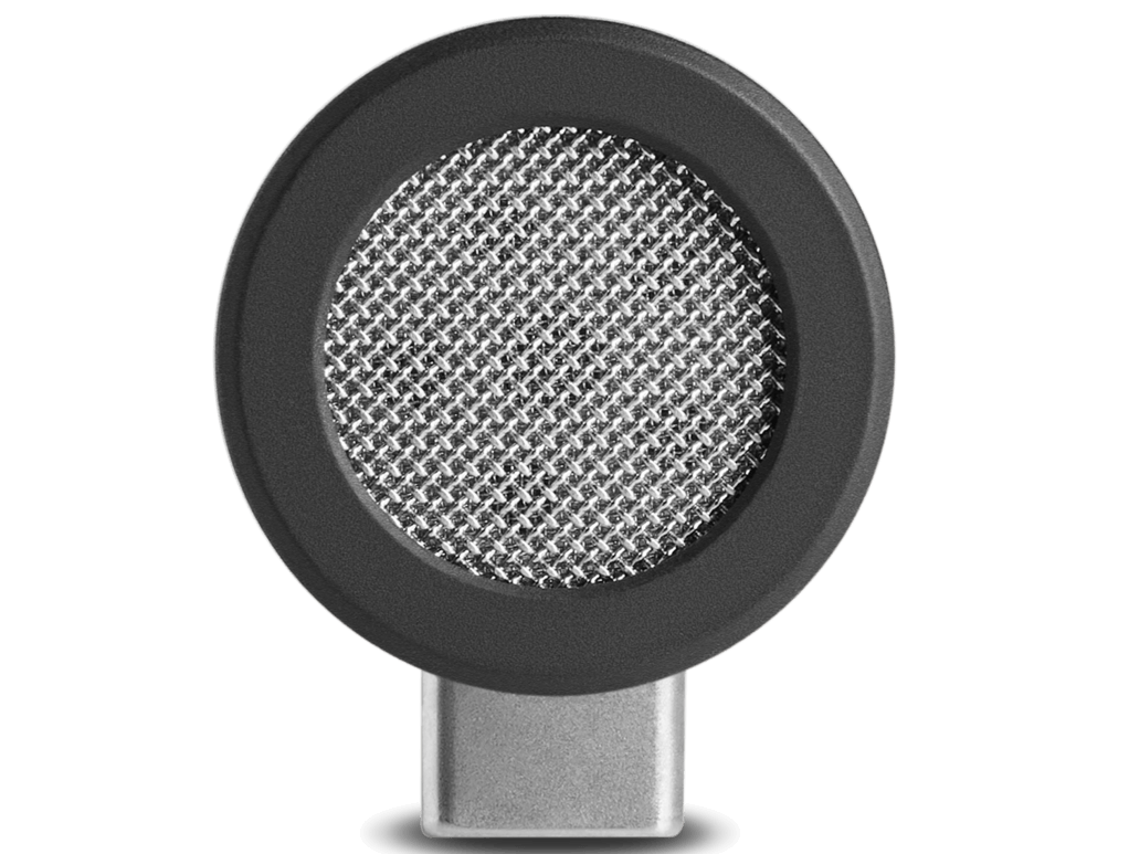 Rode VideoMic ME-C+ compact microphone for iOS and Android devices, with detailed capsule and colorful RGB lighting display.
