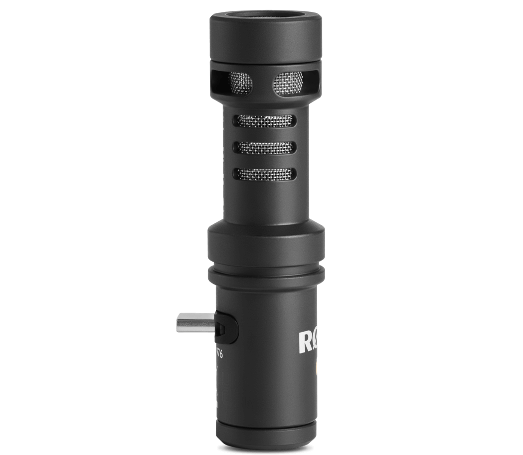 Rode VideoMic ME-C+ iOS and Android microphone mounted on a device, capturing high-quality audio for mobile recording.