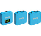 Rode Wireless GO 3 wireless microphone system with blue front, three-quarter view, compact and portable design.