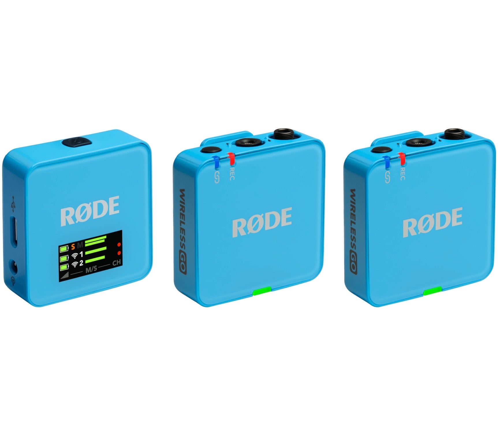 Rode Wireless GO 3 wireless microphone system with blue front, three-quarter view, compact and portable design.