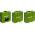 Rode Wireless GO 3 wireless microphone system with green transmitter and receiver, front three-quarter view.