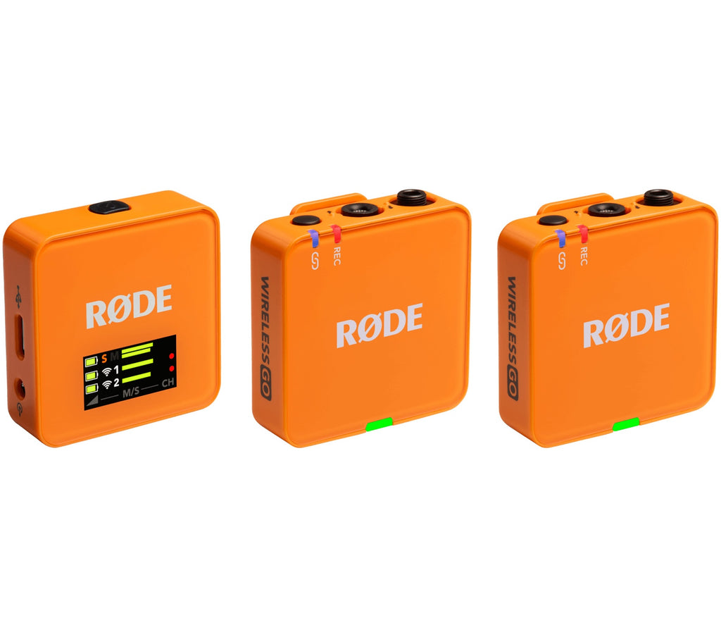 Rode Wireless GO 3 wireless microphone system with orange front, compact design, and portable setup.