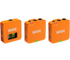 Rode Wireless GO 3 wireless microphone system with orange front, compact design, and portable setup.