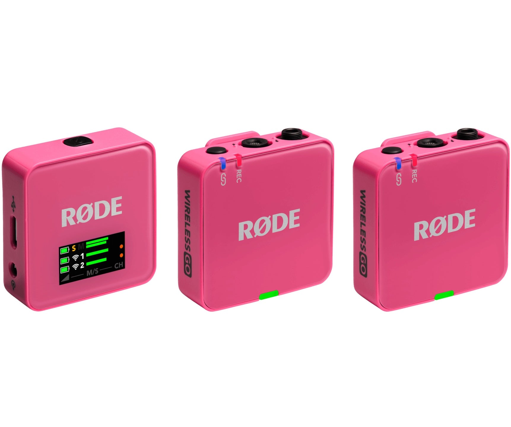 Rode Wireless GO 3 wireless microphone system with pink transmitter and receiver, front three-quarter view.