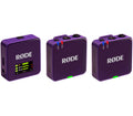 Rode Wireless GO 3 wireless microphone system with purple front view showing compact transmitter and receiver units.