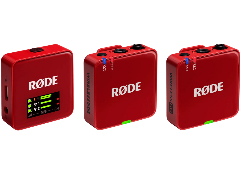 Rode Wireless GO 3 wireless microphone system with red front view, showing compact transmitter and receiver in a three-quarter angle.