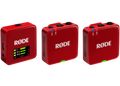 Rode Wireless GO 3 wireless microphone system with red front view, showing compact transmitter and receiver in a three-quarter angle.
