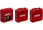 Rode Wireless GO 3 wireless microphone system with red front view, showing compact transmitter and receiver in a three-quarter angle.
