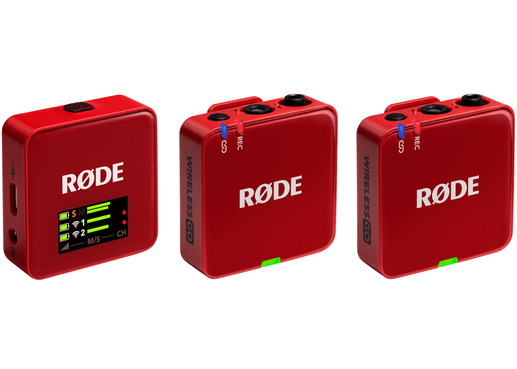 Rode Wireless GO 3 wireless microphone system with red front view, showing compact transmitter and receiver in a three-quarter angle.