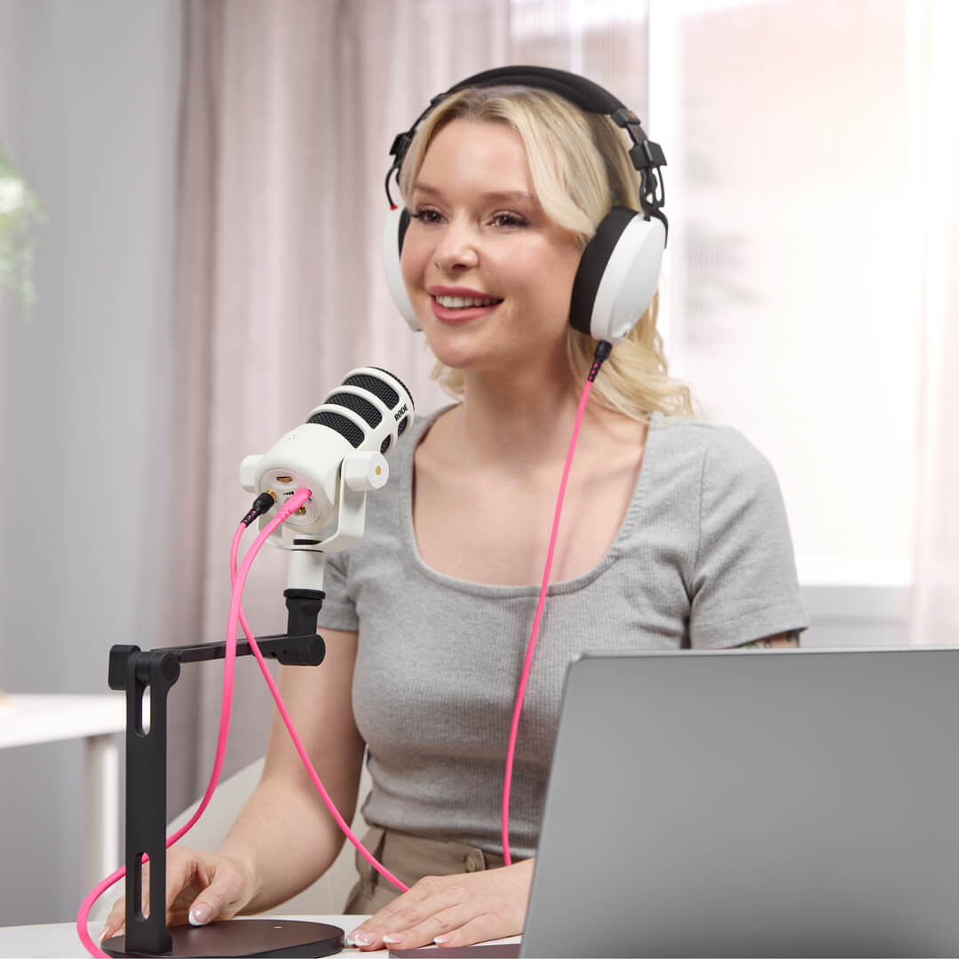 Rode PodMic USB microphone with a sleek microphone body and USB connection for high-quality audio recording.