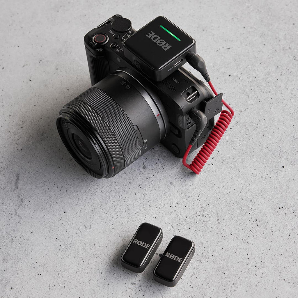 Rode Wireless Micro USB-C creator wireless microphone system receiver on a white background, showcasing compact design and branding