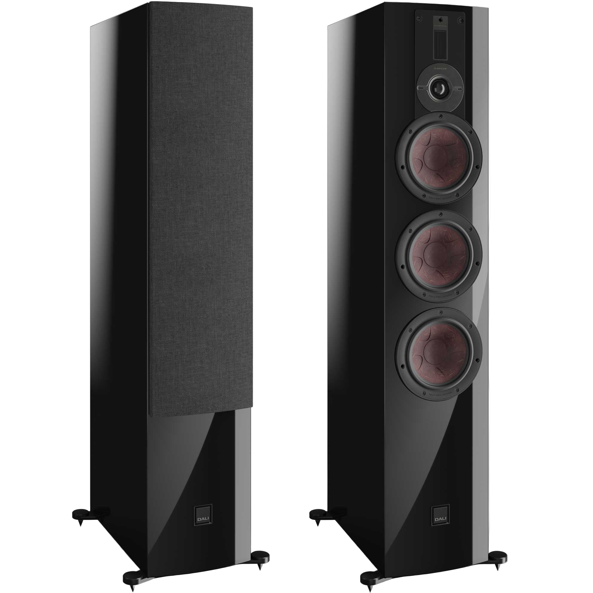 Black DALI Rubikore 8 passive floorstanding speakers with sleek design and large woofers for powerful sound.