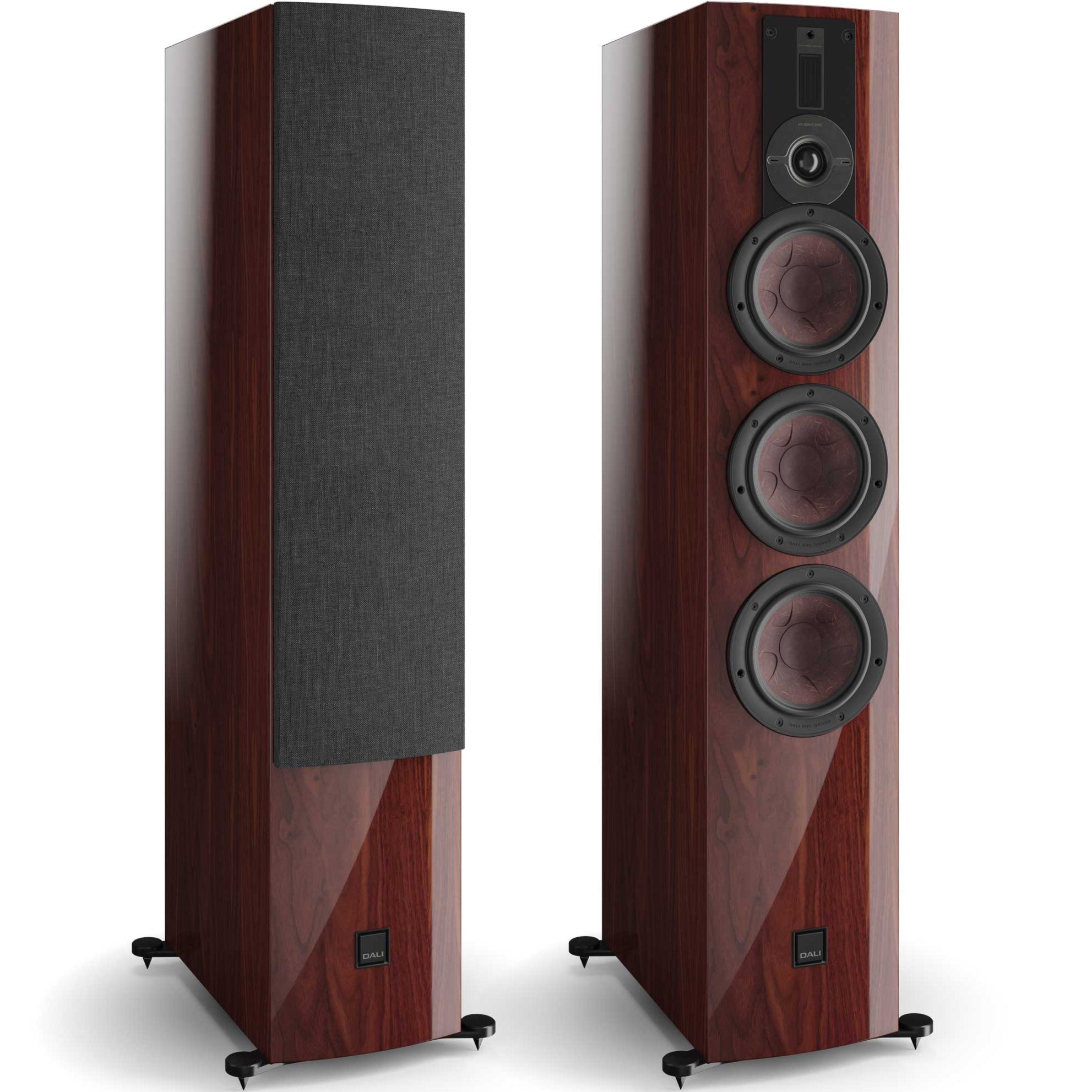 DALI Rubikore 8 passive floorstanding speakers in maroon finish with sleek design and tall, modern speaker cabinets.