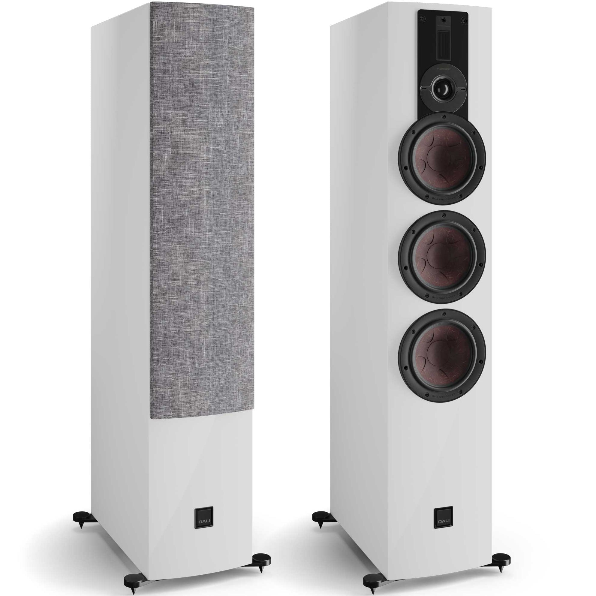 DALI Rubikore 8 passive floorstanding speakers in white finish with elegant design and sleek speaker grille.