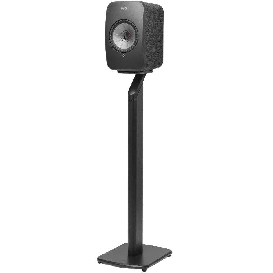 Black KEF S1 speaker stands designed for KEF LSX speakers, showing sturdy support and sleek design for optimal audio placement.