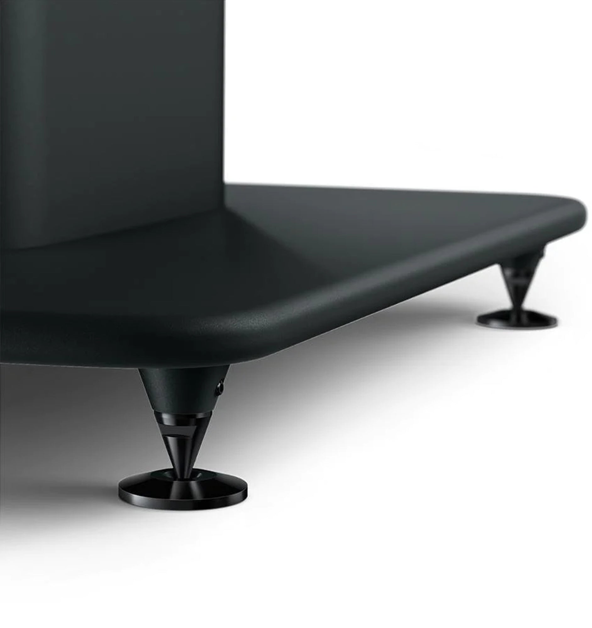 KEF S2 speaker stands in carbon black with floorstanding spike discs for KEF LS50 speakers, featuring sleek design and sturdy construction.