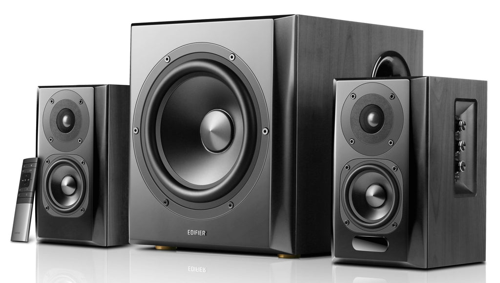 Pair of Edifier S351DB desktop speakers with subwoofer shown, featuring sleek black design and multiple connection ports.