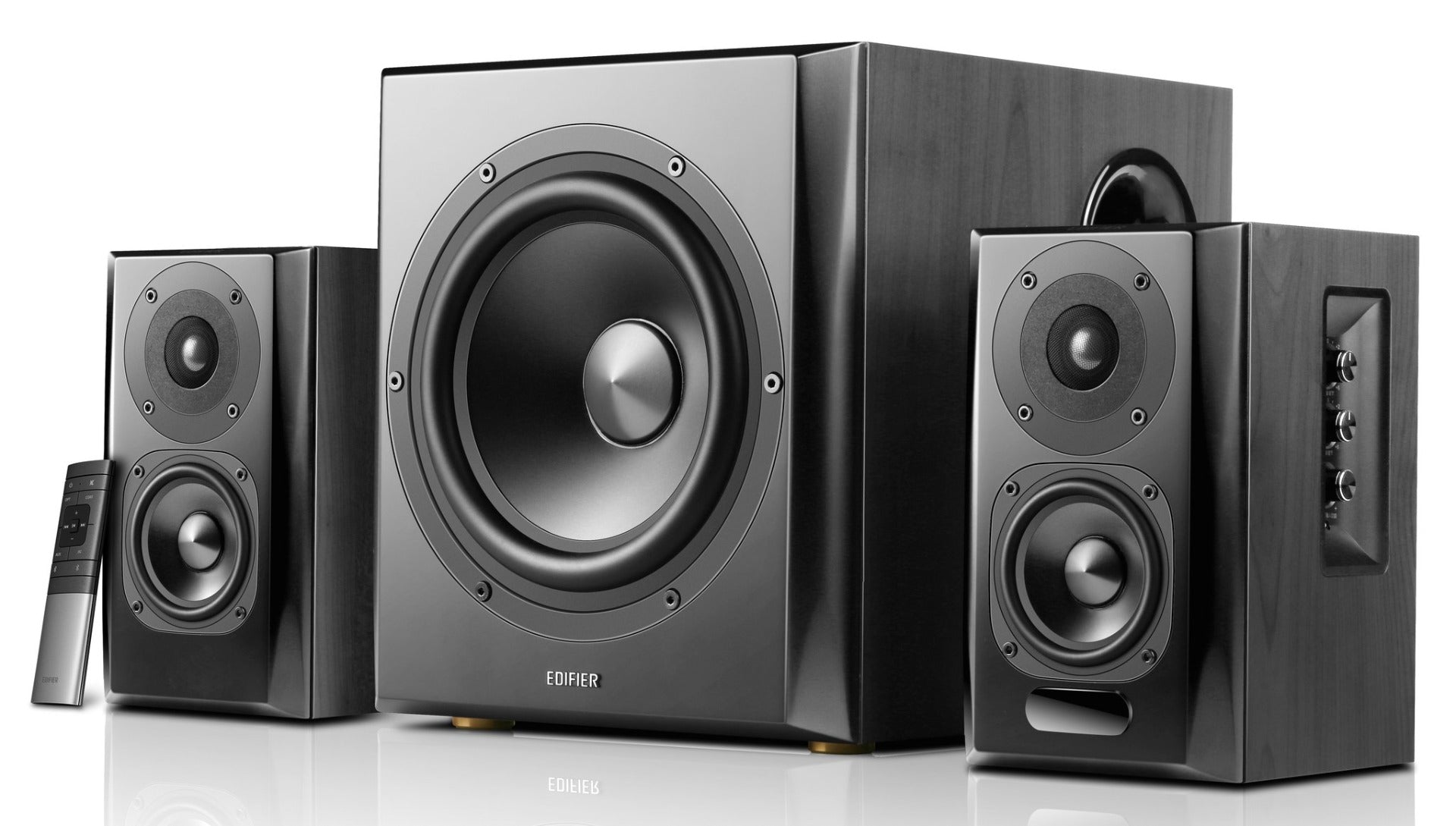 Pair of Edifier S351DB desktop speakers with subwoofer shown, featuring sleek black design and multiple connection ports.