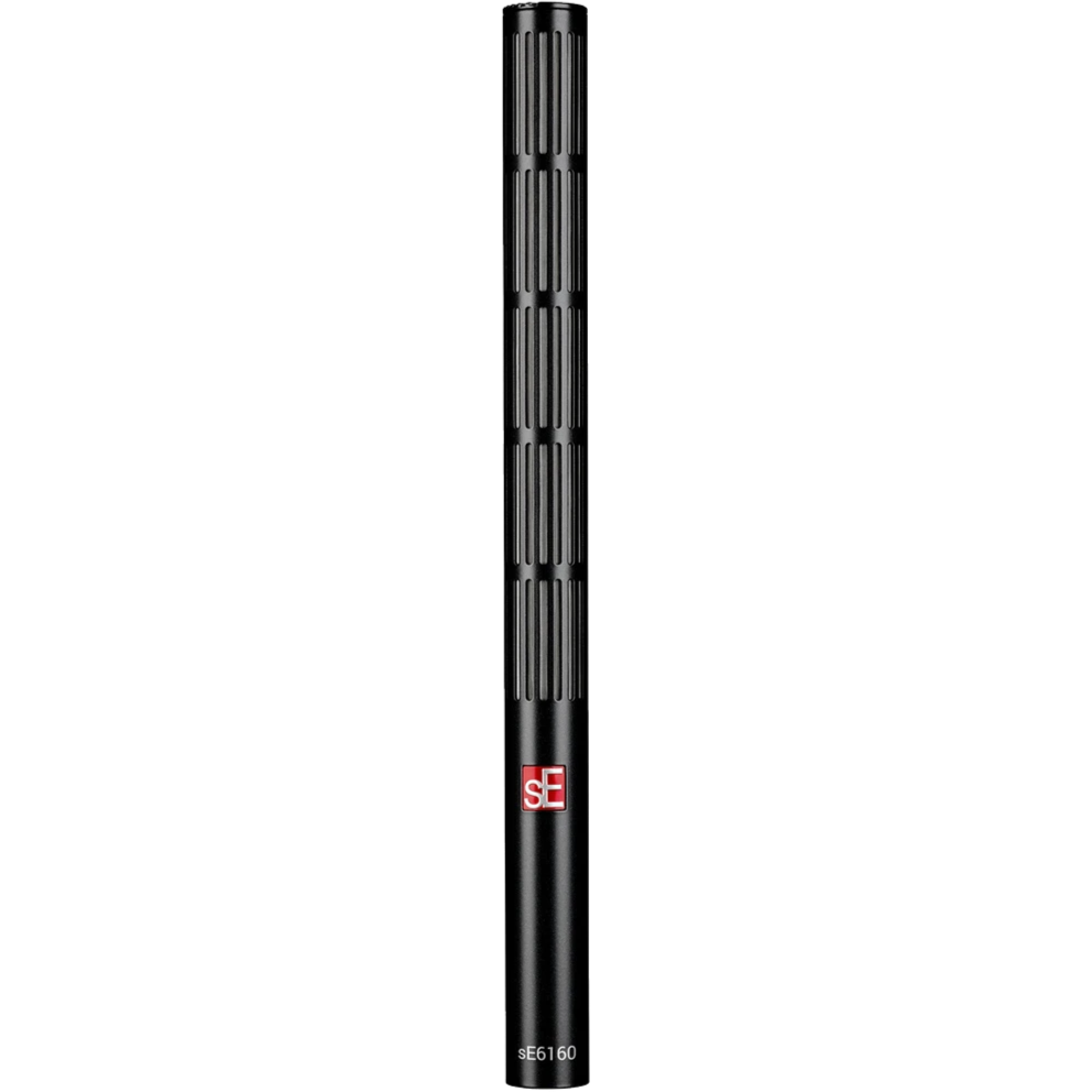 Black sE Electronics sE6160 shotgun microphone with sleek front view, showcasing its professional audio recording design.