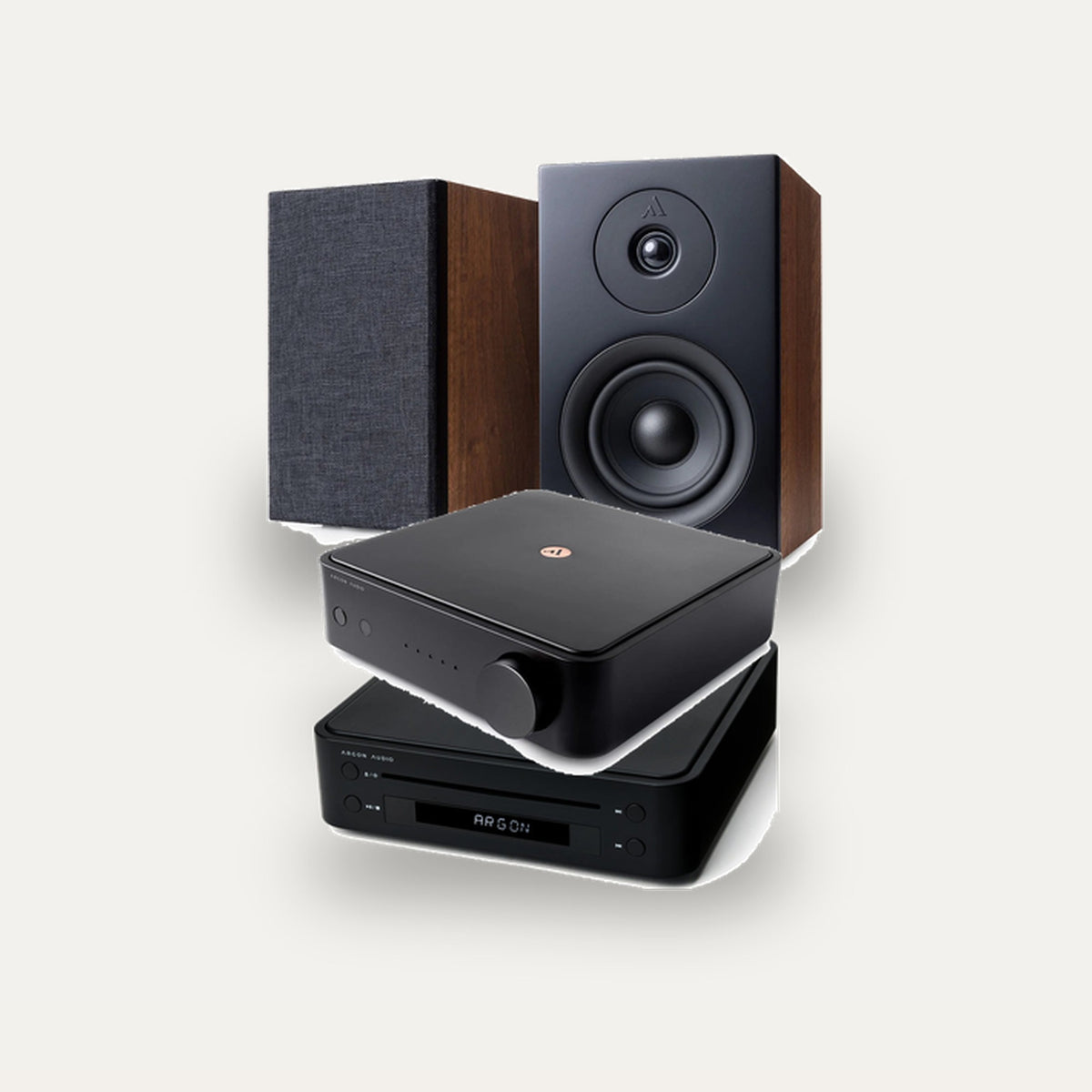 Argon Audio SA1 MK2 + CD1 + Forus 4 Hi-Fi System: amplifier in Black, CD player in Black, speakers in Walnut
