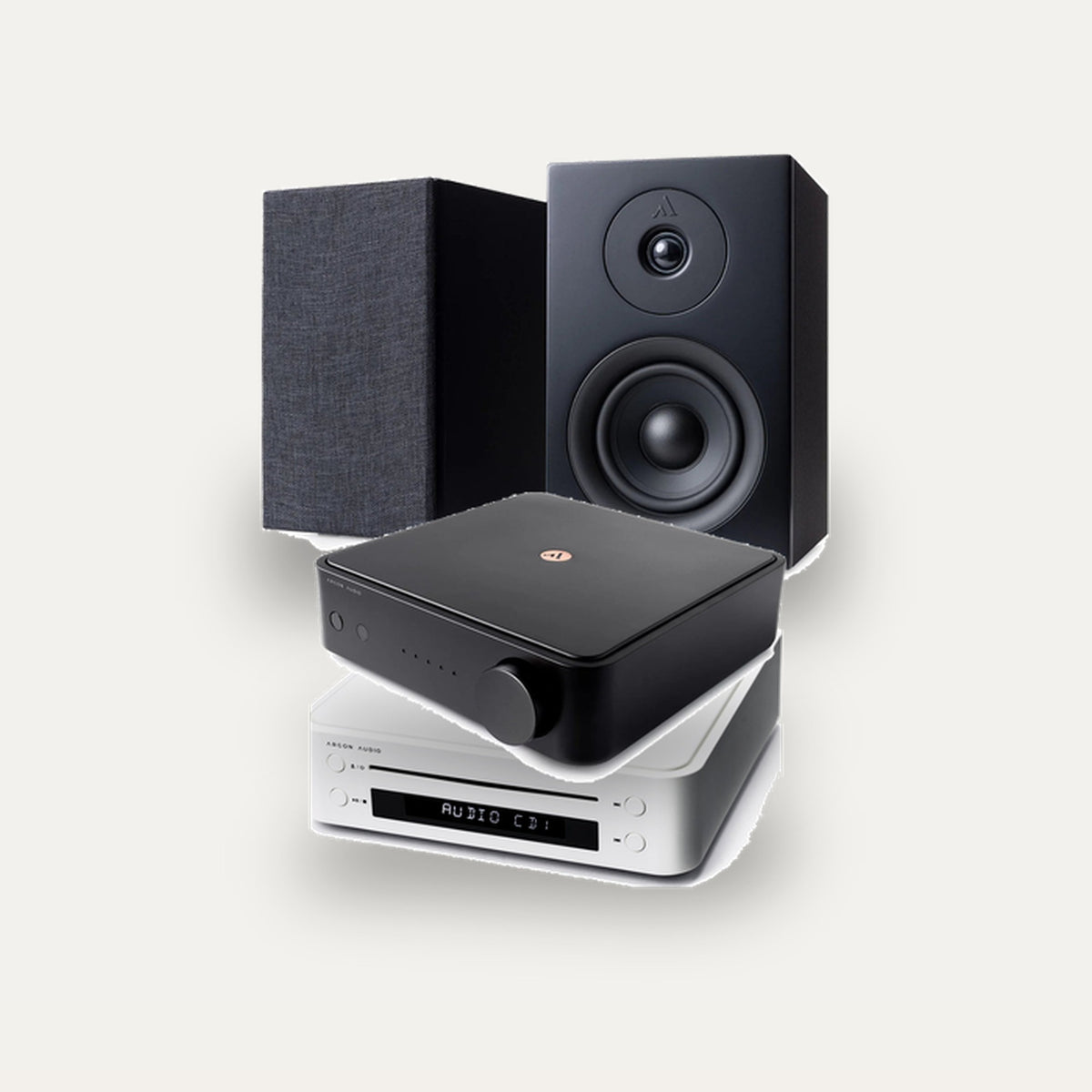 Argon Audio SA1 MK2 + CD1 + Forus 4 Hi-Fi System: amplifier in Black, CD player in White, speakers in Black