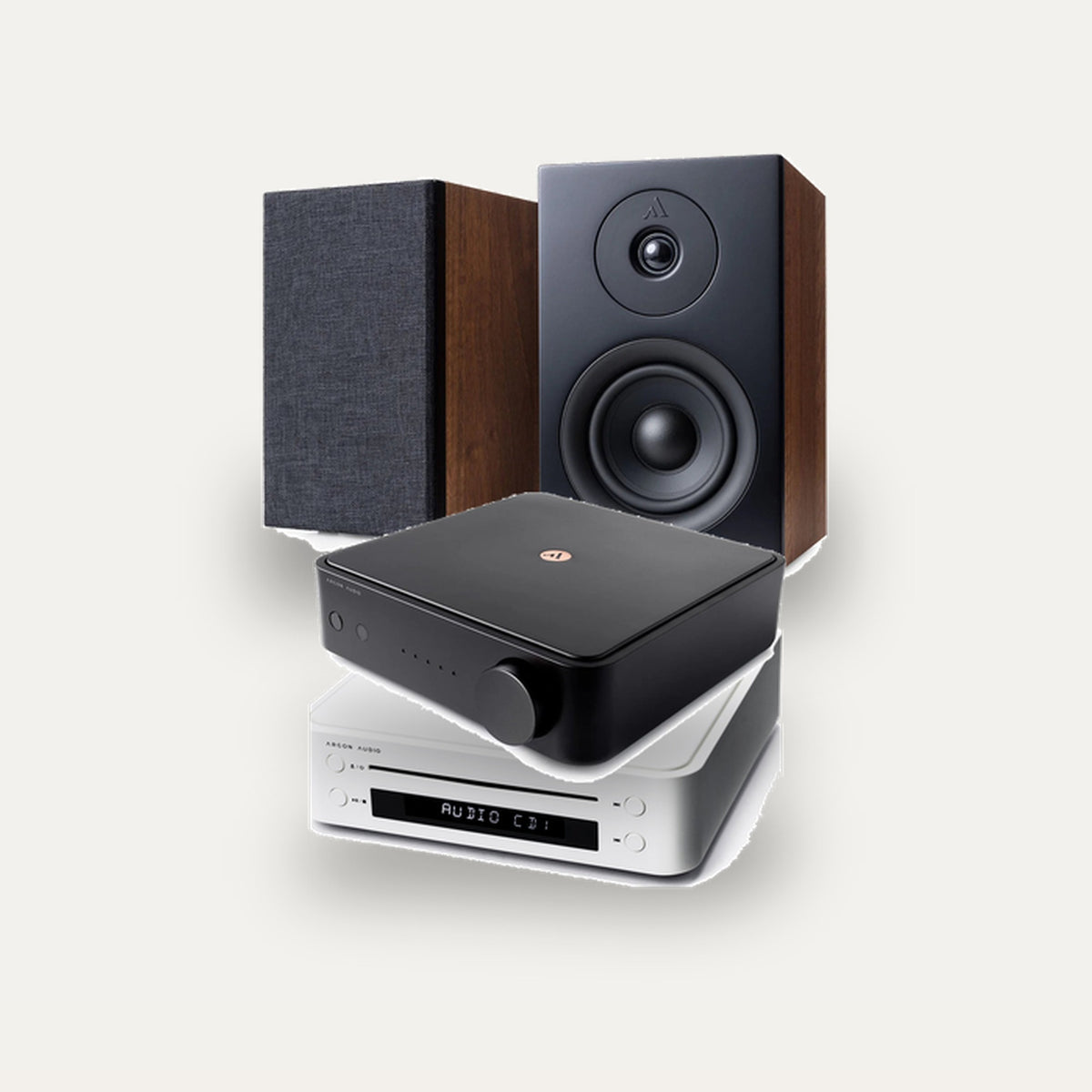 Argon Audio SA1 MK2 + CD1 + Forus 4 Hi-Fi System: amplifier in Black, CD player in White, speakers in Walnut