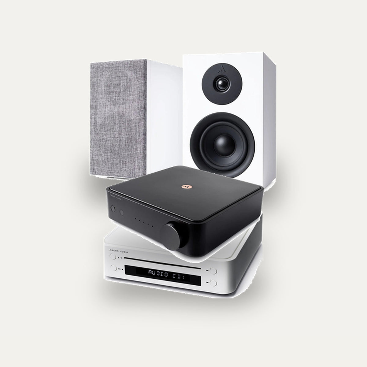 Argon Audio SA1 MK2 + CD1 + Forus 4 Hi-Fi System: amplifier in Black, CD player in White, speakers in White