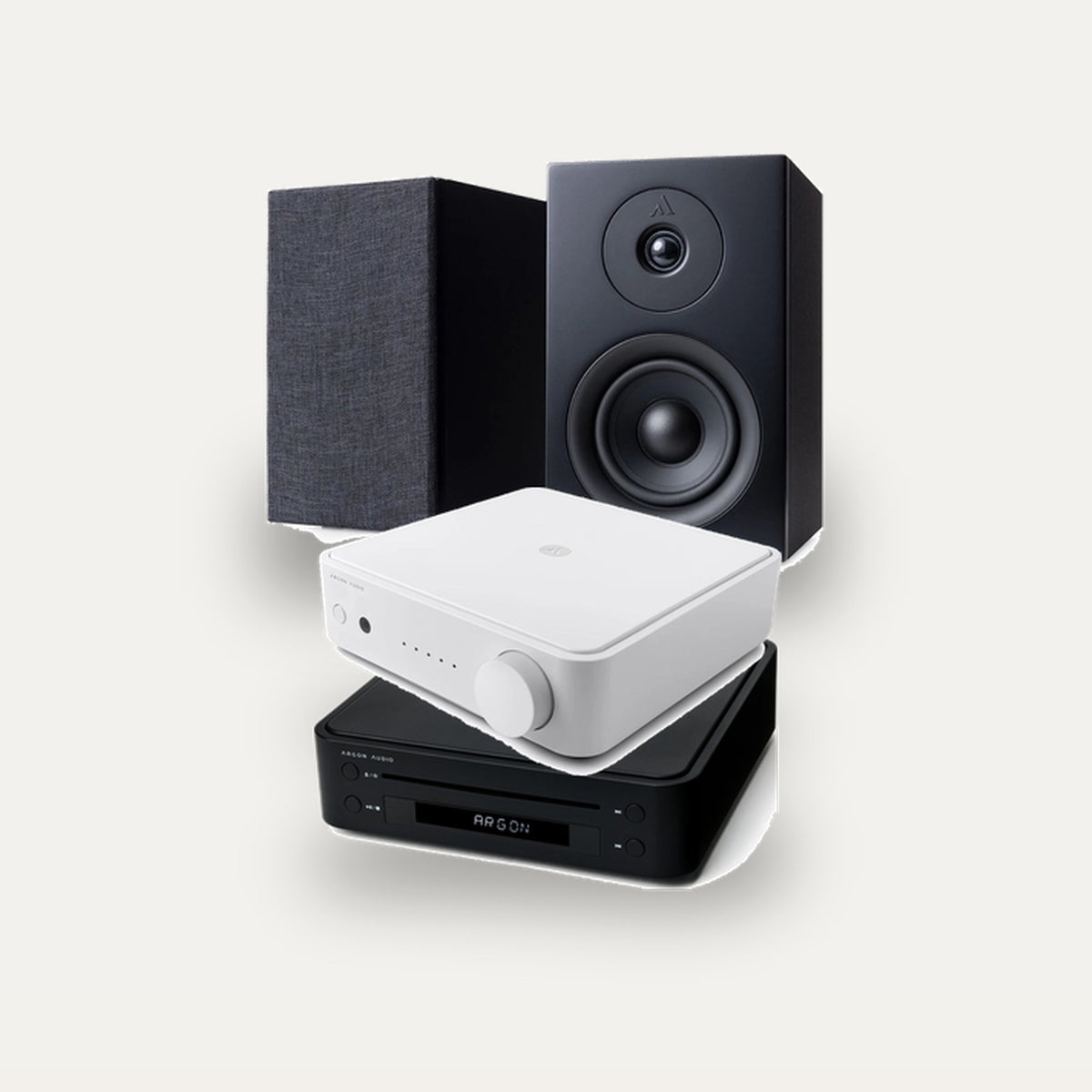 Argon Audio SA1 MK2 + CD1 + Forus 4 Hi-Fi System: amplifier in White, CD player in Black, speakers in Black