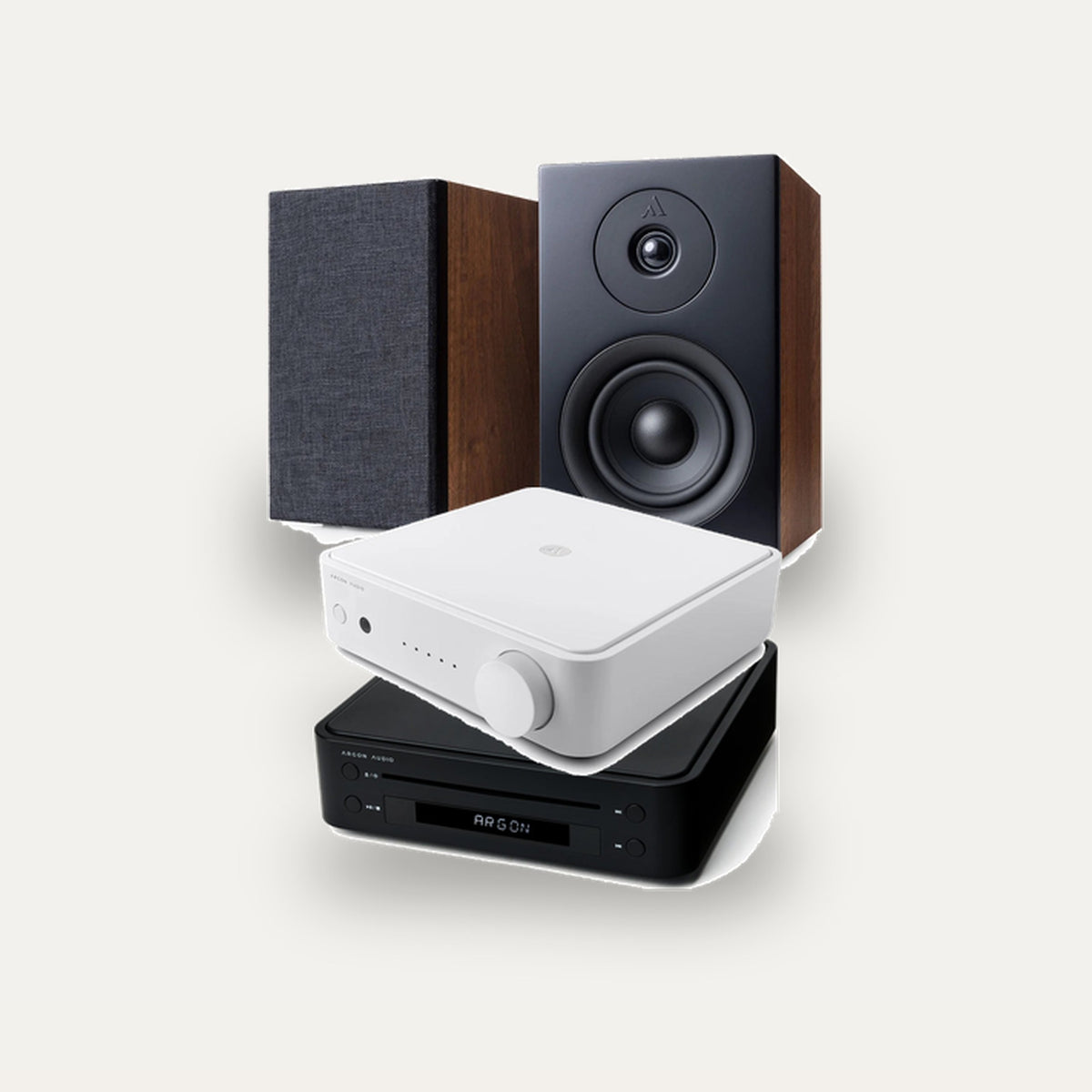 Argon Audio SA1 MK2 + CD1 + Forus 4 Hi-Fi System: amplifier in White, CD player in Black, speakers in Walnut
