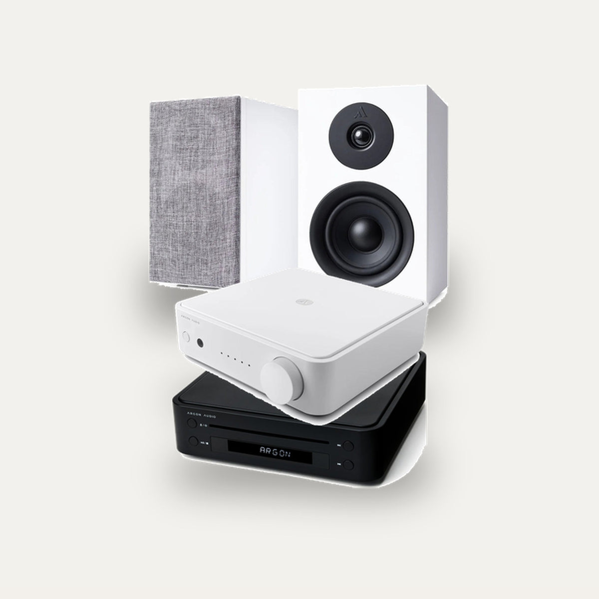 Argon Audio SA1 MK2 + CD1 + Forus 4 Hi-Fi System: amplifier in White, CD player in Black, speakers in White