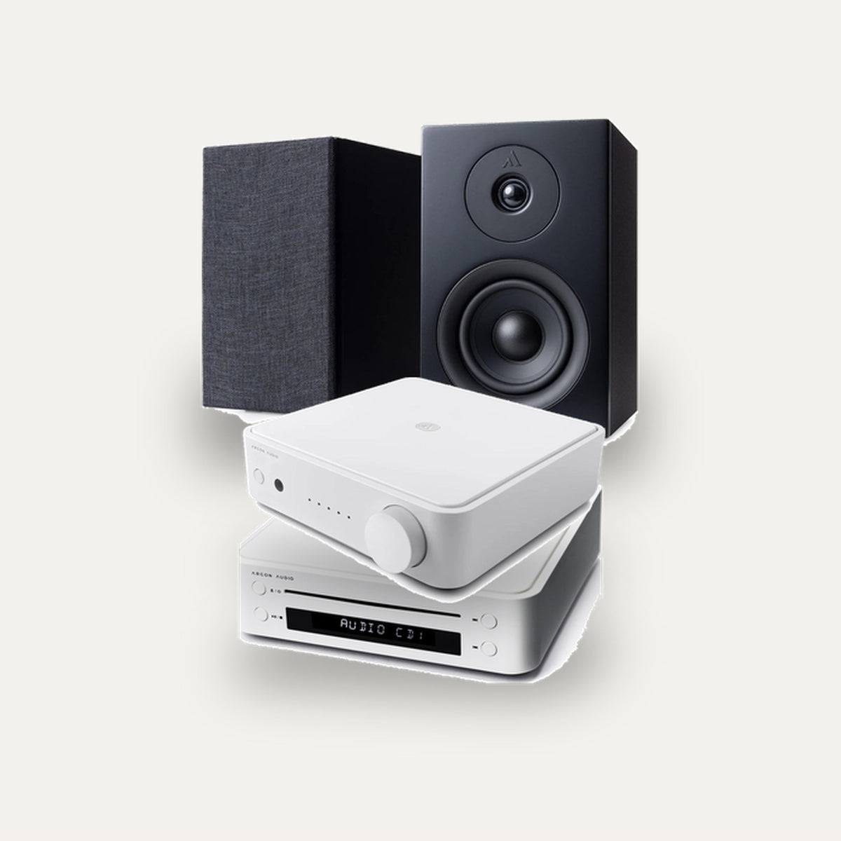 Argon Audio SA1 MK2 + CD1 + Forus 4 Hi-Fi System: amplifier in White, CD player in White, speakers in Black
