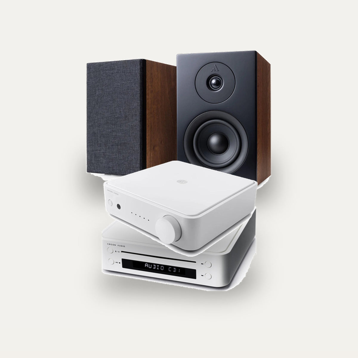 Argon Audio SA1 MK2 + CD1 + Forus 4 Hi-Fi System: amplifier in White, CD player in White, speakers in Walnut