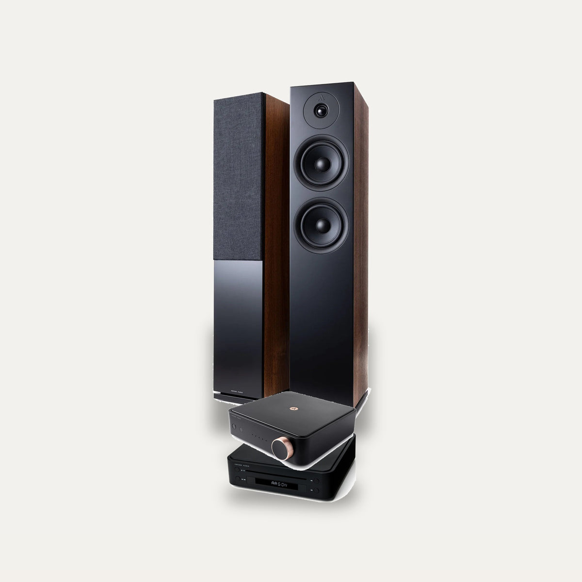 Argon Audio SA2 + CD1 + Forus 55 Hi-Fi System: amplifier in Black, CD player in Black, speakers in Walnut
