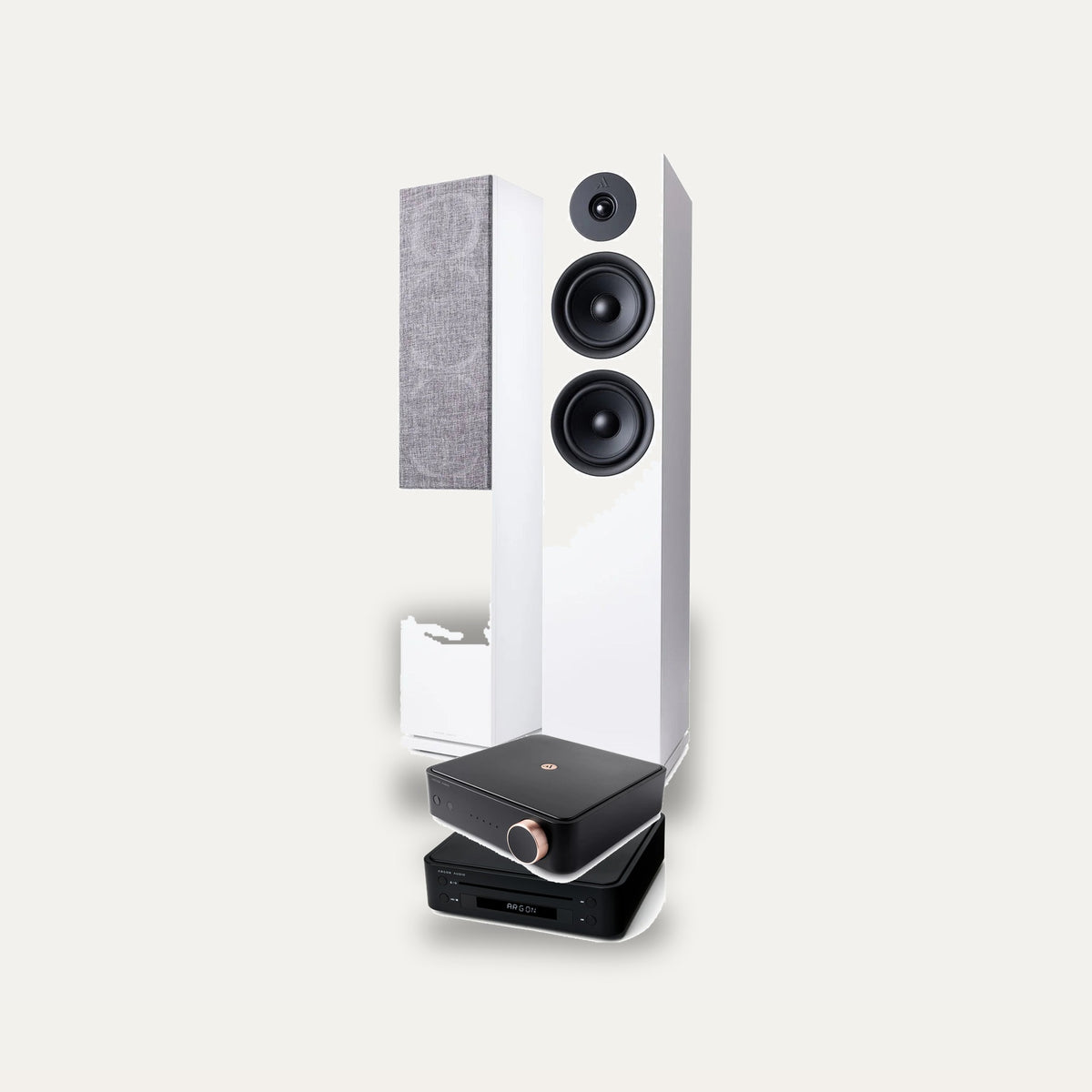 Argon Audio SA2 + CD1 + Forus 55 Hi-Fi System: amplifier in Black, CD player in Black, speakers in White