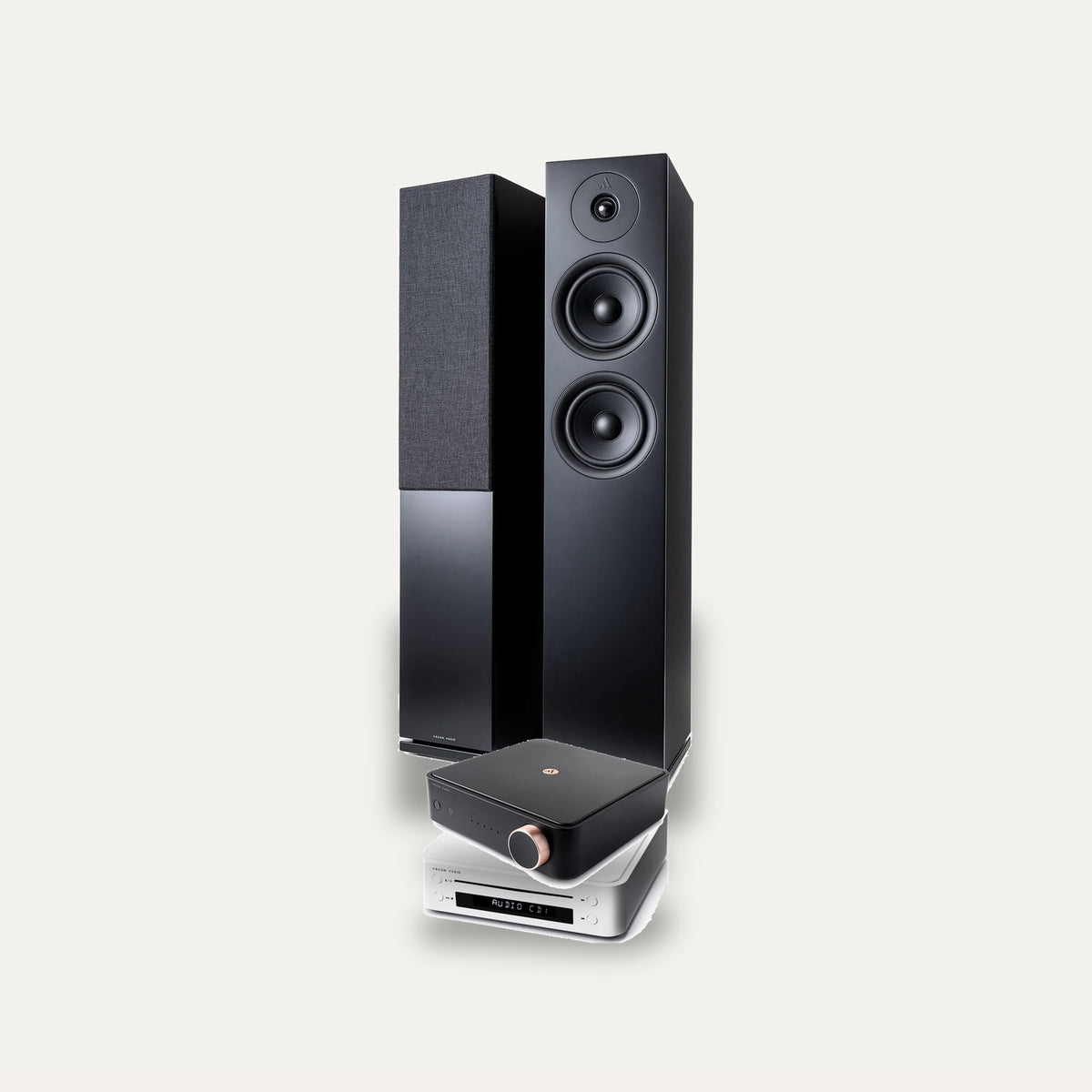 Argon Audio SA2 + CD1 + Forus 55 Hi-Fi System: amplifier in Black, CD player in White, speakers in Black