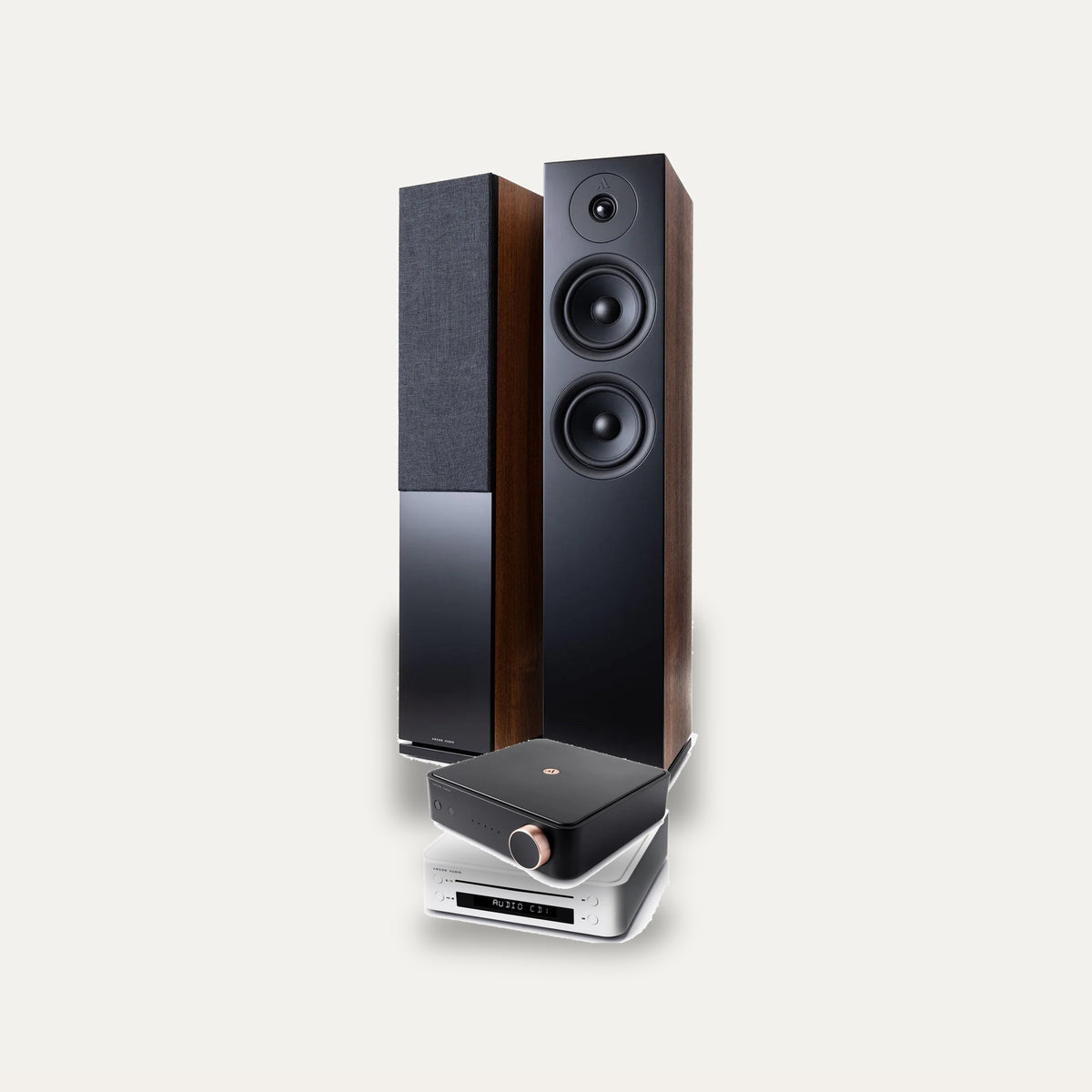 Argon Audio SA2 + CD1 + Forus 55 Hi-Fi System: amplifier in Black, CD player in White, speakers in Walnut