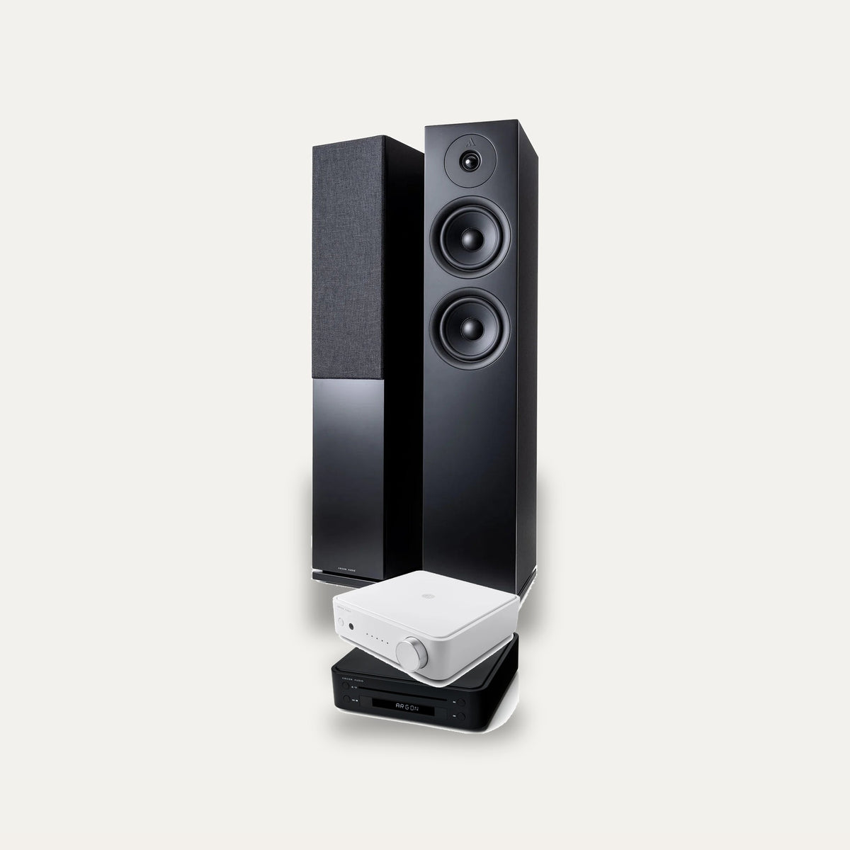 Argon Audio SA2 + CD1 + Forus 55 Hi-Fi System: amplifier in White, CD player in Black, speakers in Black