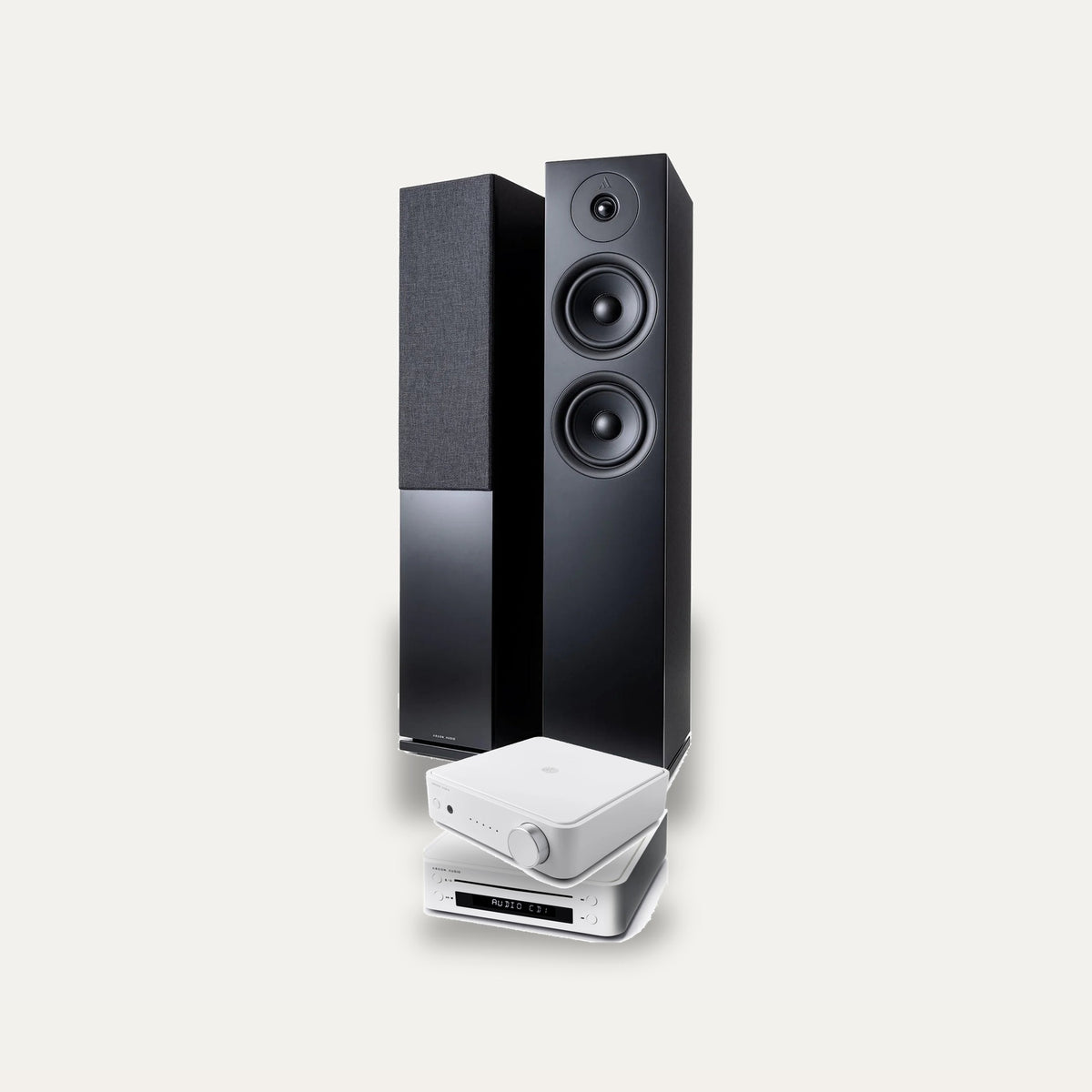 Argon Audio SA2 + CD1 + Forus 55 Hi-Fi System: amplifier in White, CD player in White, speakers in Black