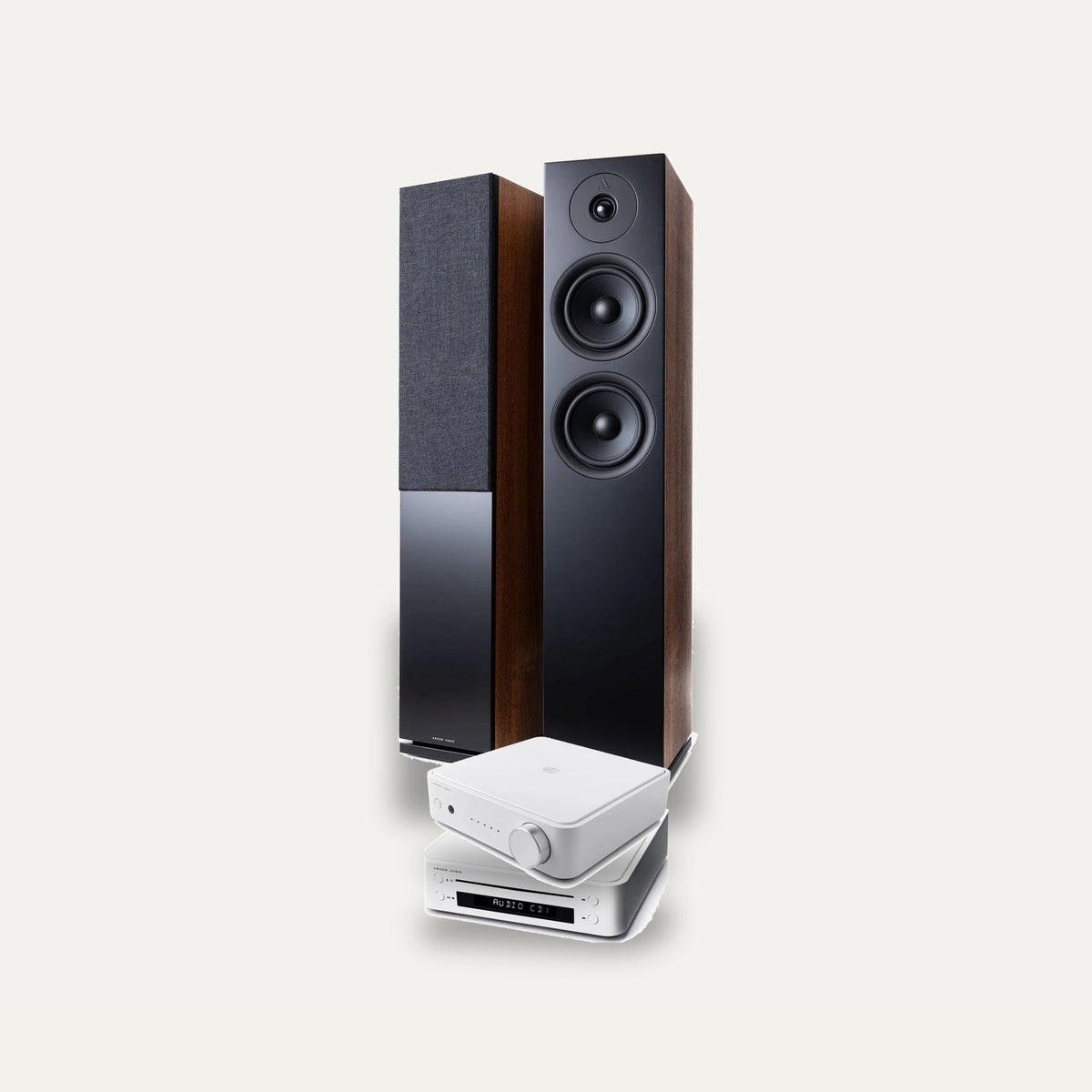 Argon Audio SA2 + CD1 + Forus 55 Hi-Fi System: amplifier in White, CD player in White, speakers in Walnut