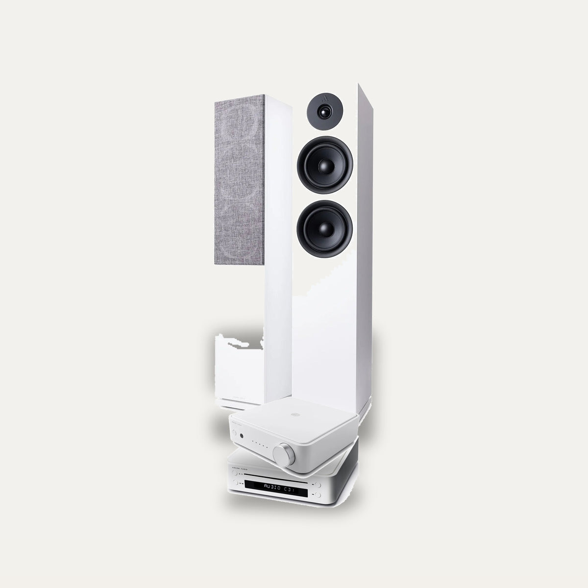 Argon Audio SA2 + CD1 + Forus 55 Hi-Fi System: amplifier in White, CD player in White, speakers in White