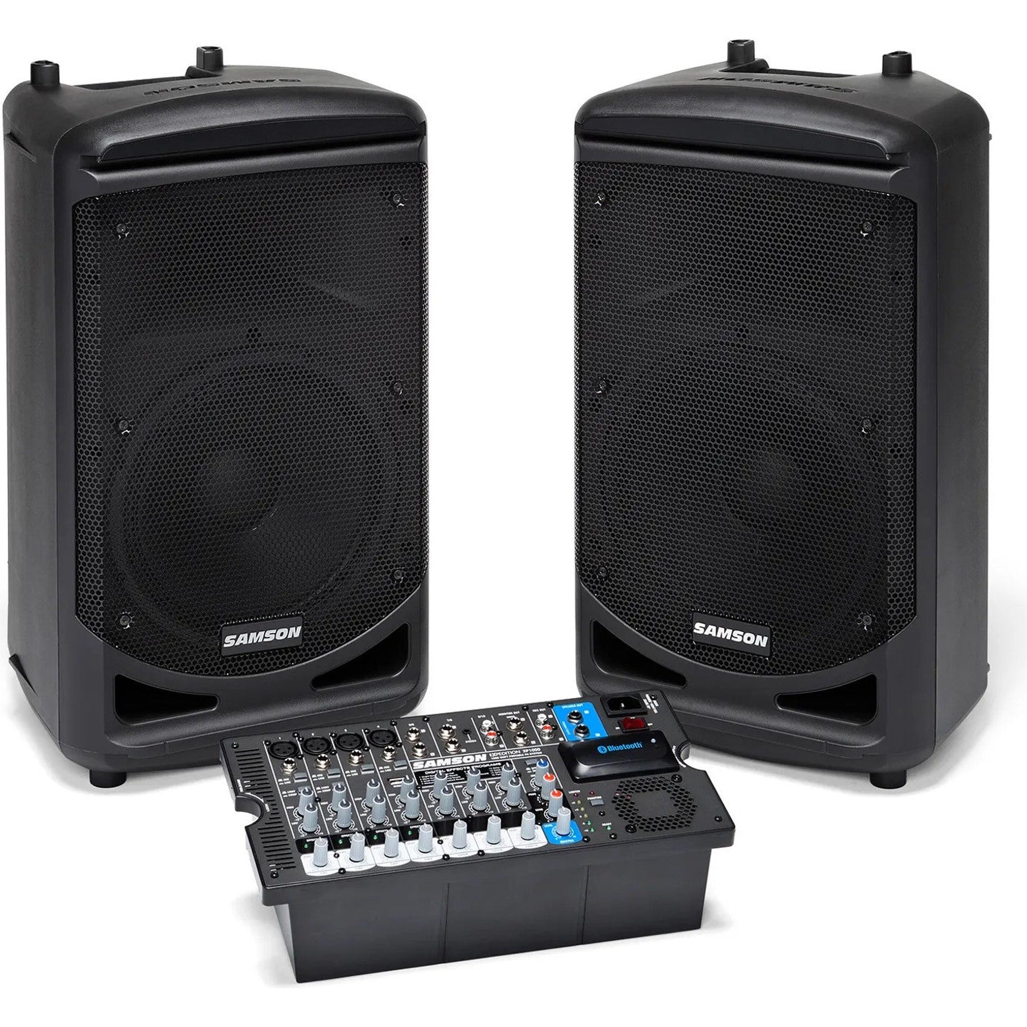 Samson Expedition XP1000 PA speaker system with rugged design and built-in handles for portable sound reinforcement.