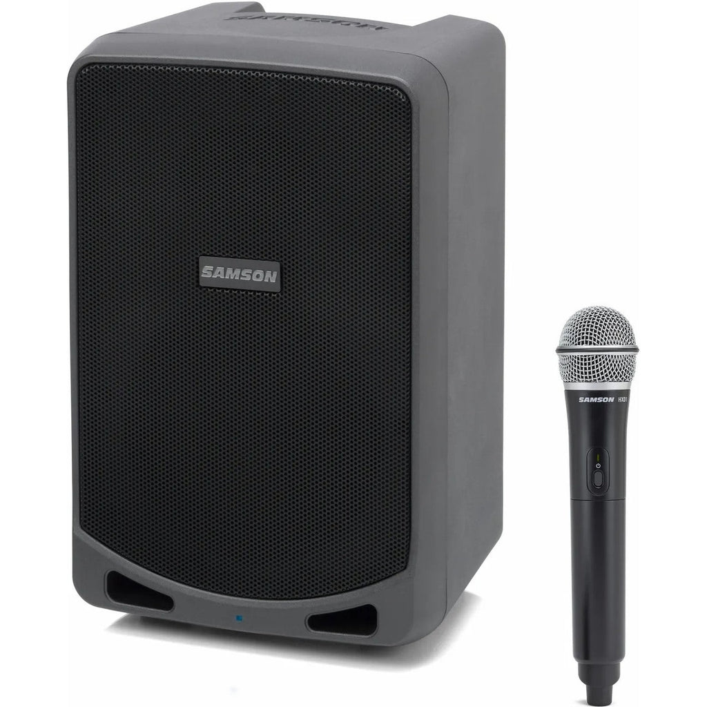 Samson Expedition XP106w portable PA speaker with built-in handle and control panel, designed for clear sound and easy transport.