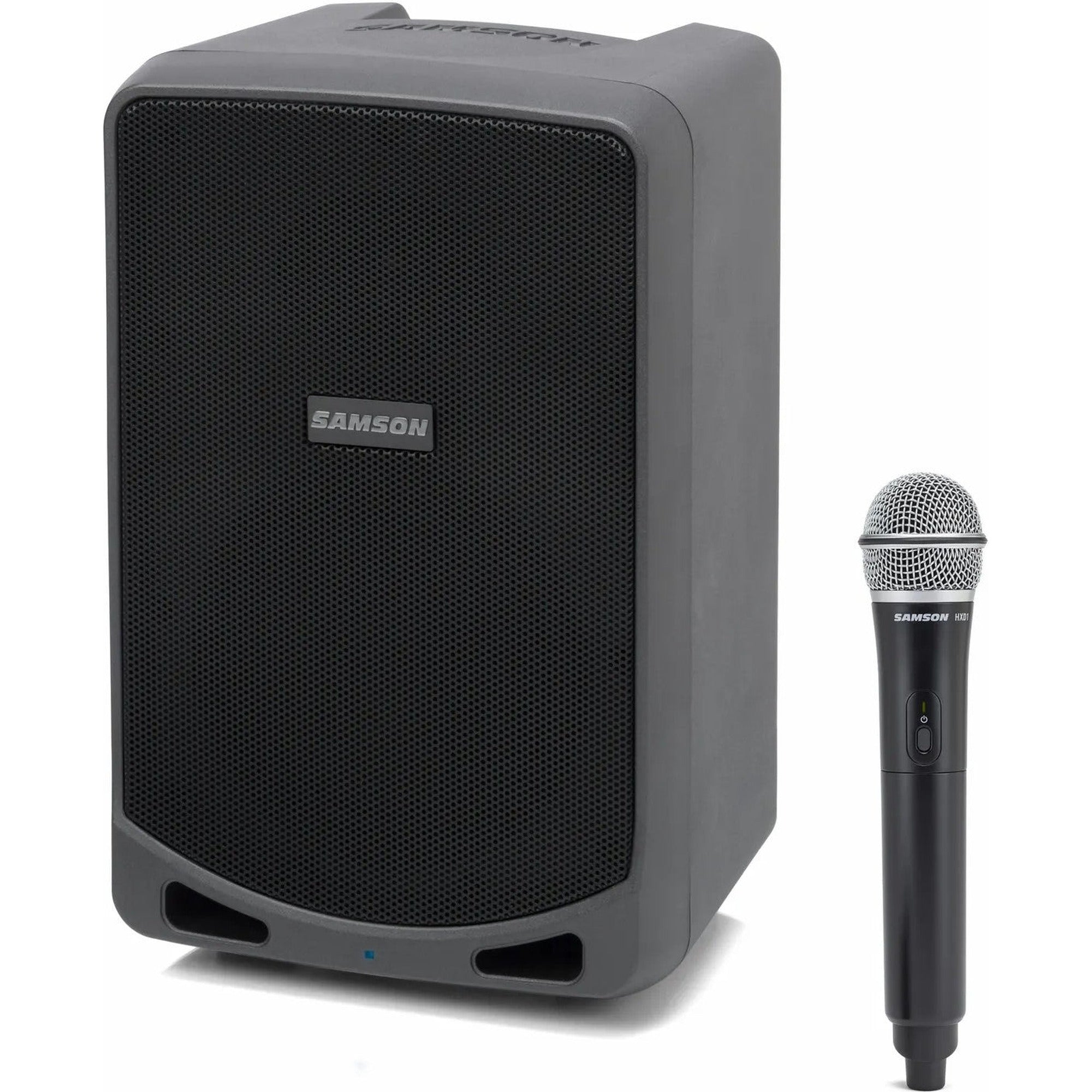Samson Expedition XP106w portable PA speaker with built-in handle and control panel, designed for clear sound and easy transport.