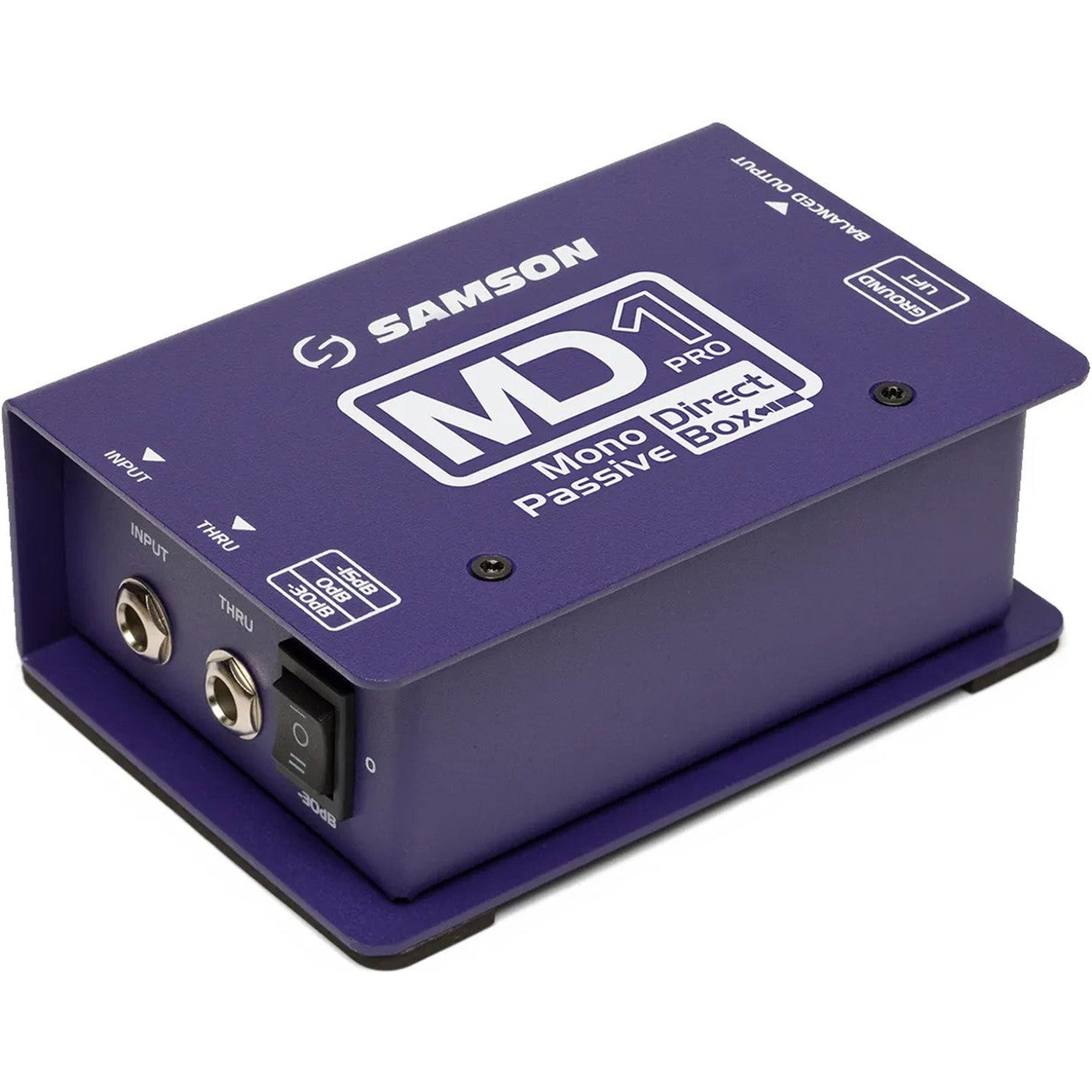 Samson MD1 Pro DI box with rugged metal case and input/output jacks for professional audio signal conversion.