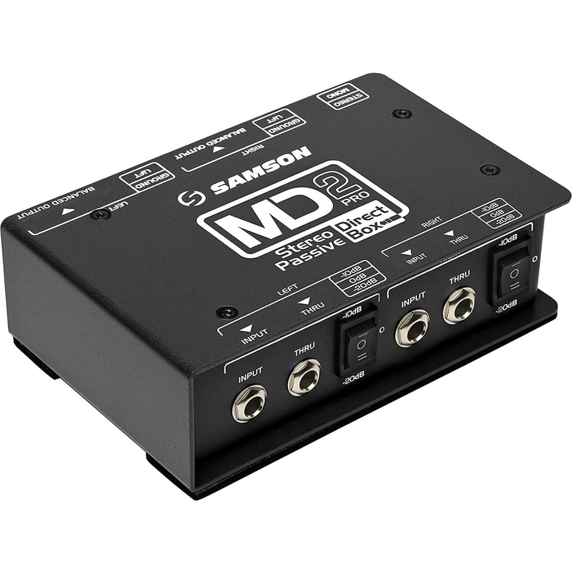 Samson MD2 Pro DI box with input and output jacks, compact design, and professional audio interface for live sound and recording.
