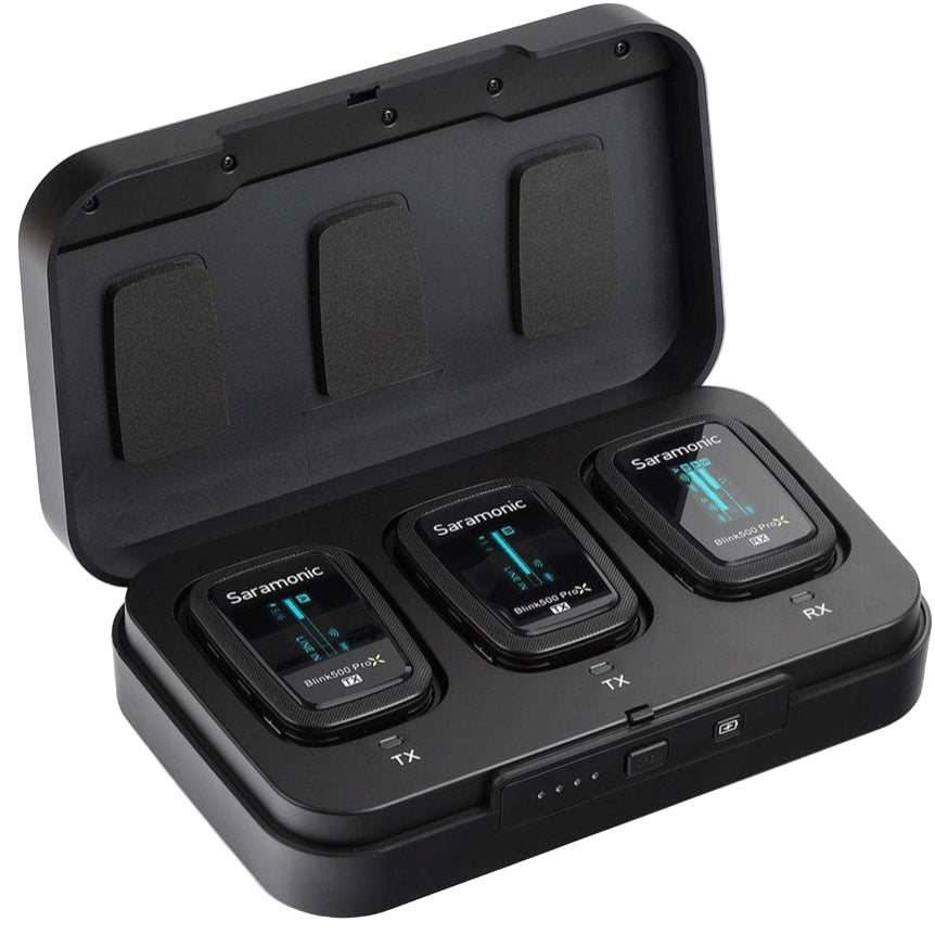 Saramonic Blink500 ProX B2 wireless microphone system with compact receiver and transmitters for creators' audio recording.