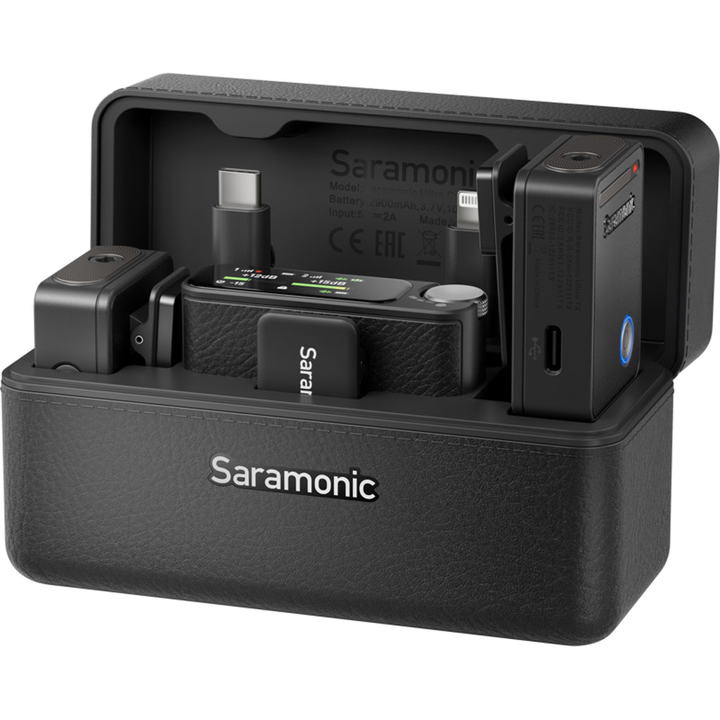 Saramonic Ultra Creator Wireless Microphone System in black, compact design with microphone and receiver components.