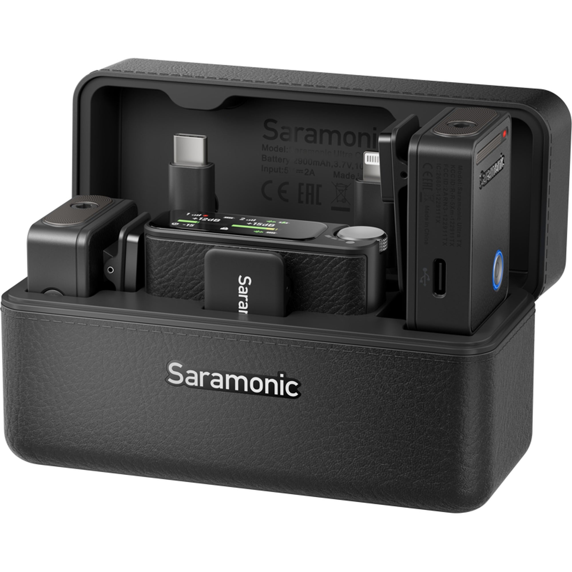 Saramonic Ultra wireless microphone system with Lavalier mics, black compact receiver and transmitter for creators.